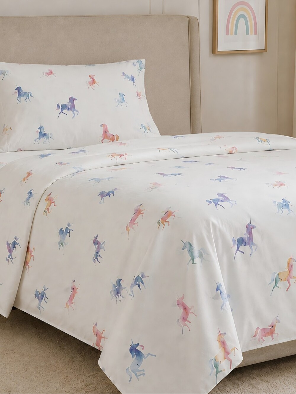 Pottery Barn Kids Queen Rainbow Unicorn Sheet Set Flat Fitted 1 Pillow Cover